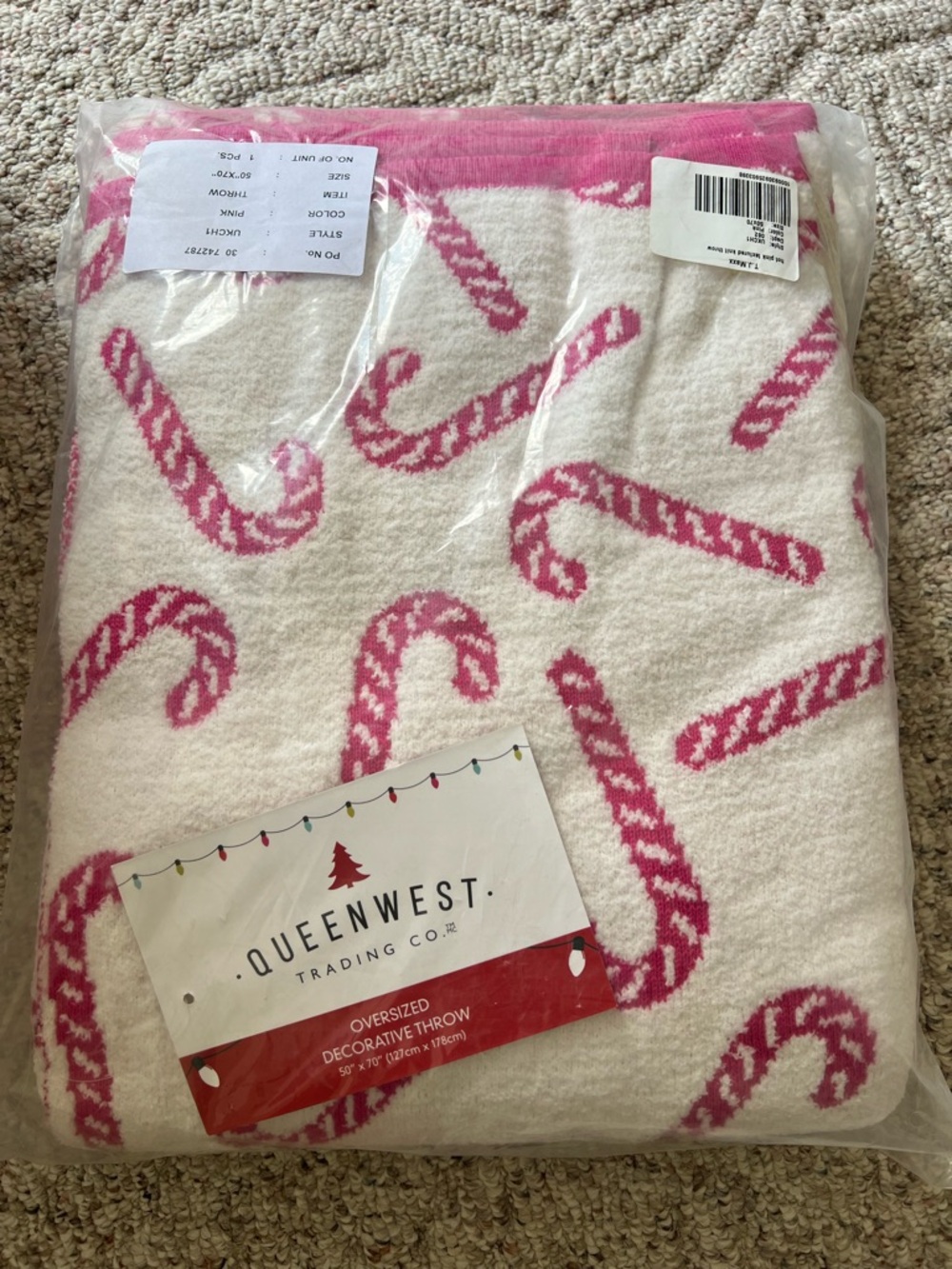 Queenwest Pink Candy Cane Decorative Textured knit Throw - NEW